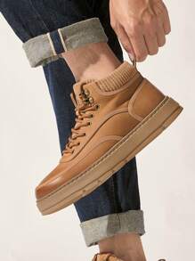 CAMEL CROWN 男士运动休闲鞋，秋冬季牛皮高帮厚底靴，复古休闲工装靴，高帮帆布鞋。