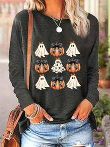 Camiseta de manga larga de cuello redondo casual de moda para mujer, camisetas gráficas con lazo fantasma y calabaza, estampado de lazo de encaje de imitación, ropa de Halloween, ropa de otoño para mujer