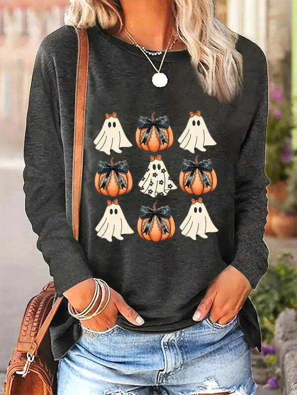 Camiseta de manga larga de cuello redondo casual de moda para mujer, camisetas gráficas con lazo fantasma y calabaza, estampado de lazo de encaje de imitación, ropa de Halloween, ropa de otoño para mujer