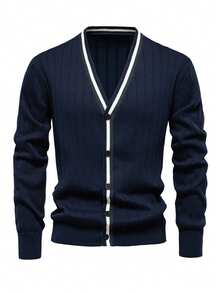 男士复古硬币图案长袖开衫，适合秋冬季节穿着，可搭配西装和衬衫 - 藏蓝色 - 查看 2