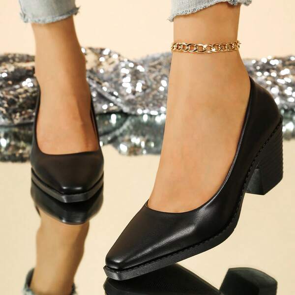 Czarne błyszczące czółenka biurowe, antypoślizgowe, wygodne, grube, wysokie obcasy, miękkie i oddychające, uniwersalne buty robocze dla kobiet