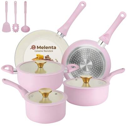 M MELENTA Pots And Pans Set Non Stick, 11 Piece Ceramic Induction Hob Pan Set, Cookware Set With Frying Pans, Saucepan Set, 100% Free, Pink,Compact Size For 1-3 Persons Meal