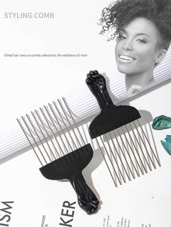 1pc Black Fist Metal African Hair Pik Afro Comb Hairdressing With Steel Needles Inserted Into The Comb, Oil-Cut Comb, And Large-Slicked-Back Hairstyle Comb