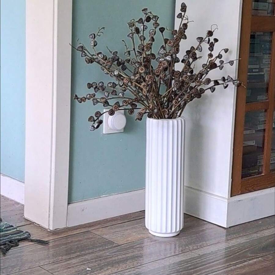 现代几何条纹塑料花瓶,高圆柱形装饰花瓶,适用于客厅、办公室、卧室、厨房、婚礼、农舍摆件落地式大花瓶高简约水培塑料仿陶瓷白黑色欧式家居干花插花客厅摆件北欧现代简约风格小花瓶节日礼物 - 彩色 - 查看 1