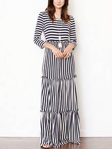 Retro Boho Woven Floral Pink Yellow Maxi Surplice Wrap Sah Dress Front Tie Flutter Sleeve - 條紋 - 查看 8