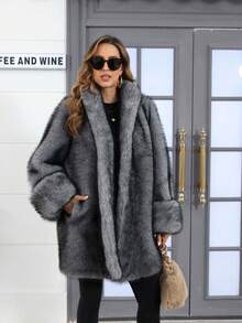 Ladies' Loose Coat, Fox Fur Imitation, Winter Jacket, Women's Plus-Size Clothing, Rolled-Up Sleeve Coat,Mantel