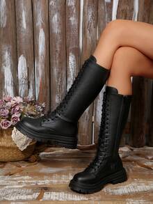 秋冬新款厚底过膝靴，朋克系带侧拉链时尚女马靴，黑色靴子 - 黑色 - 查看 5