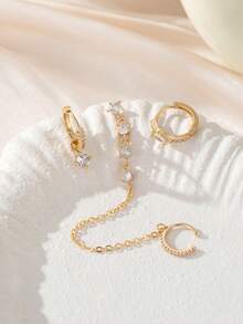 Set de 3 piezas de pendientes de clip con cadena y circonita cúbica, joyería formal para mujer para fiestas (cantidad para una oreja)