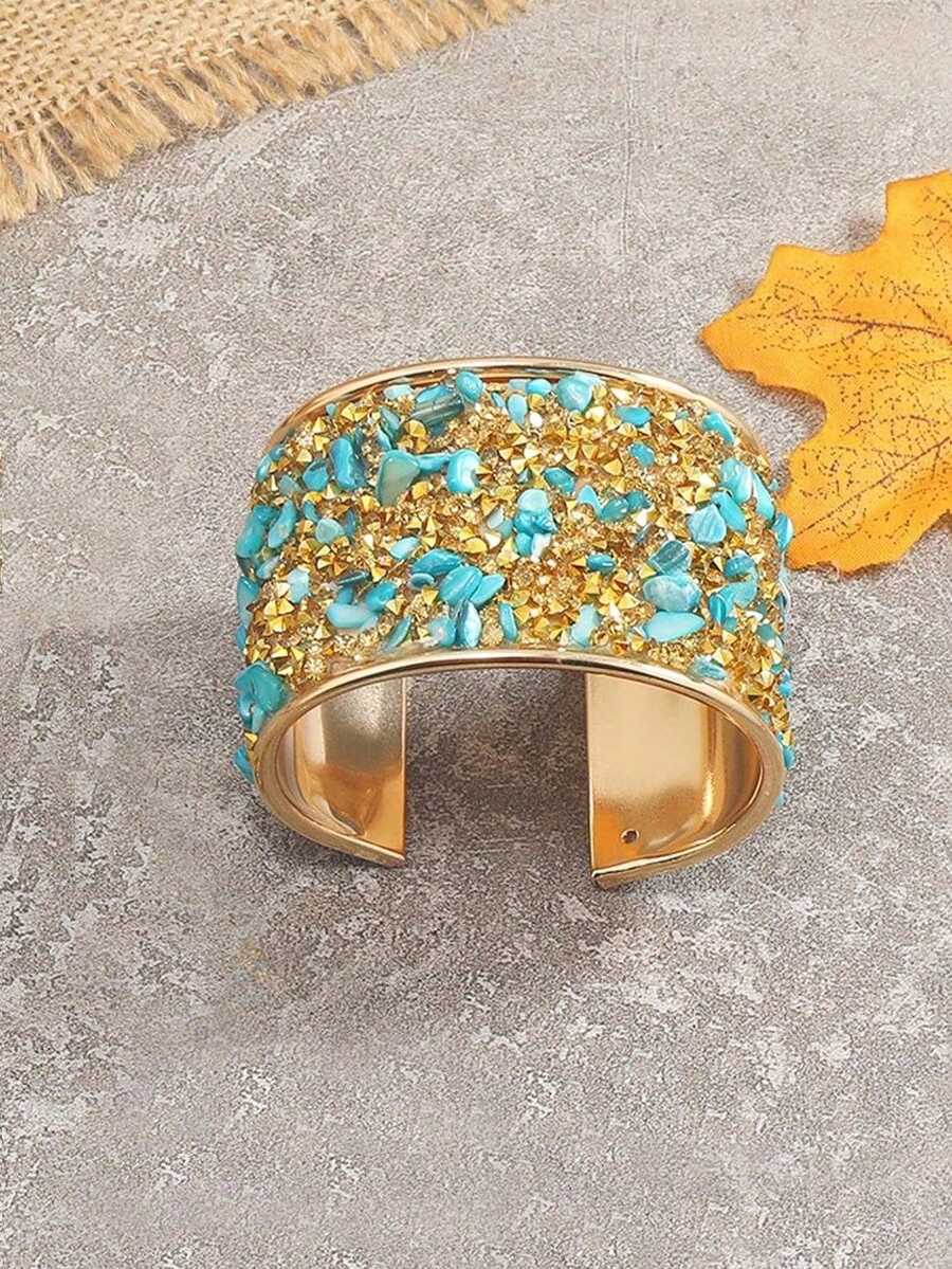 1 件金属手镯，镶嵌水钻和宝石，轻巧且个性化，开口可调节 - 淺藍色 - 查看 1