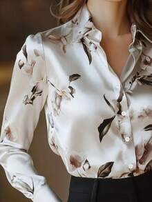 1 pieza Camisa de manga larga con botones y estampado floral, adecuada para citas, vacaciones, cumpleaños, fiestas, viajes, primavera/otoño