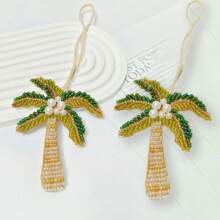 椰子树包吊坠、串珠椰子树、人造珍珠和果实累累的椰子树象征着毅力/顽强的生命力，手工串珠热带棕榈树钥匙扣 - 充满活力的绿色和粉红色 DIY 棕榈树饰物，带有白色花朵装饰，波西米亚风棕榈树饰物包和服装背包配饰，适合女性和男性