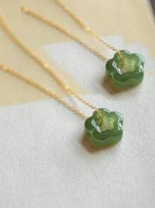 1pc Fashion 18K Gold Plated Stainless Steel Green Jade Stone Flower Star Pendant Necklace For Women Daily Decoration For Valentine'S Day Gift Valentines,Mom,Mother,Mother's Day,Gift