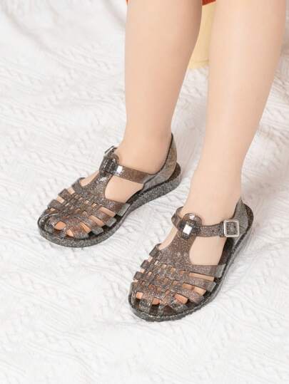 Fashionable Shiny Crystal Jelly Shoes, Black Jelly Shoes For Girls, Summer Water Shoes, Beach Sandals, Flat Shoes