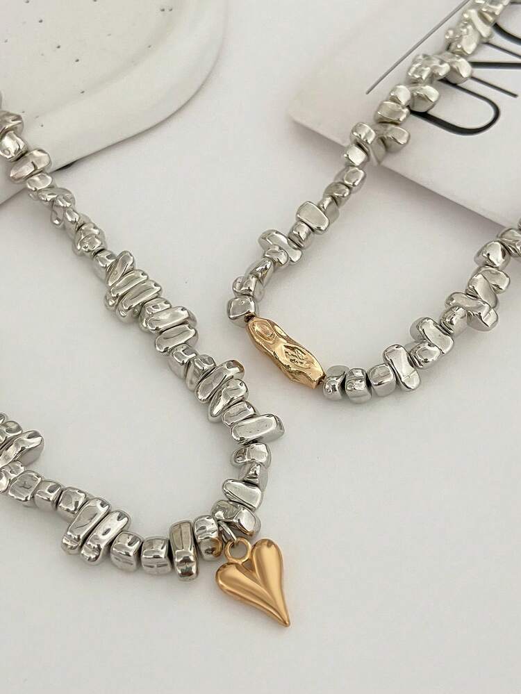 2 peças/Conjunto Colar Pingente de Coração Assimétrico Estilo Boêmio com Pérolas Falsas, Joia Charmosa de Luxo, Presente para Mulheres, Casais, Uso Casual, Festa, Feriado - colar - Visão 8