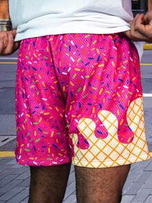 Fashion Baseball Life 101 Ice Cream Shorts - Breathable Polyester Quick-Drying Material, Machine Washable, With Pocket Drawstring, Suitable For Outdoor Sports And Casual Wear Summer Sportswear, Playful Design, Comfortable Fabric - 玫紅色 - 查看 3
