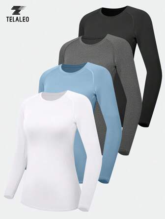 TELALEO Women's Solid Color Long Sleeve Sports T-Shirt, Round Neck, Medium Stretch Fitness Top, Compression Wear
