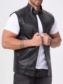 Chaleco de cuero de motocicleta para hombre, estilo deportivo sin mangas, color negro, para primavera/verano, con forro polar - Negro - Ver 12