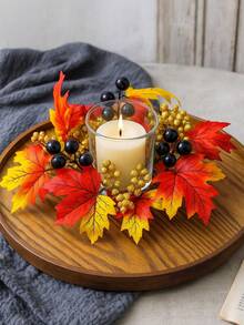 1Pc Halloween Thanksgiving Pumpkin Candle Ring Centerpiece With Autumn Maple Leaves Pinecones Berries Fall Harvest Table Decor Spooky Candle Holder Wreath For Holiday Party Tiered Tray Dining Room Fireplace Mantel Decoration Fall Decor - Multicolor - View 10