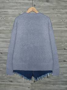 撞色猫咪印花宽松休闲针织套头毛衣 - 藍色 - 查看 4