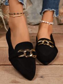 Women's Gold Chain Decor Plus Size Pointed Toe Slip-On Flats, 2025 Spring/Autumn New Fashionable Minimalist Versatile Casual Comfortable Commuting Shoes, Black Work Shoes Suitable For Outdoor, Park, Walking