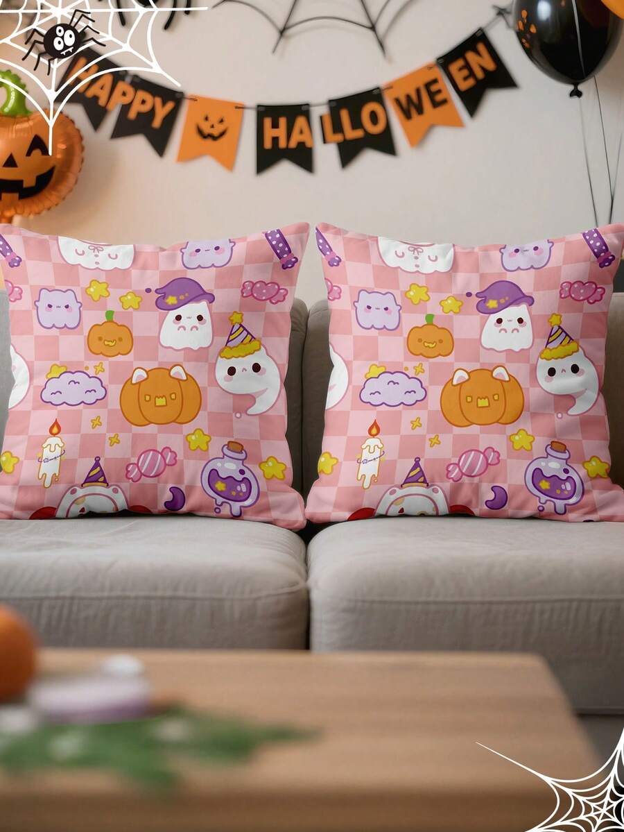 1/2/4pcs Cute Ghost Pillow Cover, Halloween Cushion Cover, Spooky Halloween Bedding Decor, Soft Accent Cushion Case, Single‑Sided, Without Insert, Zipper Closure, For Sofa, Bedroom Living Room, Halloween Party, Soft And Breathable, Home Textile - Multicolor - View 1