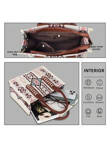 2pcs Bohemian Vintage Set Including Women Tote Bag, Handbag And Wallet - Beige - View 5
