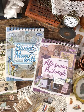 50 件/套精美图案复古贴纸书，防水 PET、和纸材质创意设计手册装饰贴纸，螺旋装订贴纸书适用于学校用品装饰贺卡剪贴簿和礼品包装装饰贴纸