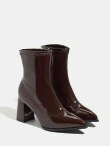 Women's Chunky Heel Pointed Toe Sexy Short Boots, Brown Boots, Ankle Boots, Mid-Calf Boots, Versatile Wine Red Glossy PU Side Zipper, Autumn/Winter - Brown - View 4