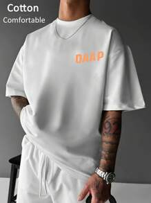 罗纹纯棉男女通用T恤，纯色，简约时尚，时尚英文文字，饮料涂鸦印花，男女通用，垂坠感十足，时尚柔软舒适男女通用短袖上衣 - 白色 - 查看 2