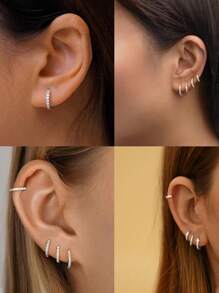 8 件套女士银质环形耳环套装，厚实银质环形耳环，铜质方晶锆石，防过敏小号耳环，小巧银质厚环形耳环，可叠戴，适合多个耳洞 - 銀色 - 查看 4