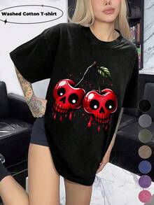 Women's Washed Cotton T-Shirt Spooky Cherry Painted Design Soft And Breathable Fabric, Machine Washable Spring And Summer Daily Stylish Tops The Best Gift For A Friend