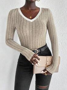 Damen Lässig Elegant gerippter Slim Fit V-Ausschnitt Strickpullover, langärmelige vielseitige figurformende Top, Winter warme Basisschicht, Damen Herbst/Winter Bekleidung