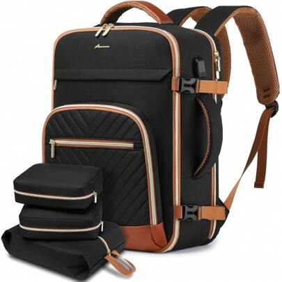 Large Carry On Travel Backpack: Flight Approved 40L Waterproof TSA Personal Item Daypack For Women Weekender Bag Fit 17inch Laptop Luggage Backpack Traveling Business With USB Port And 3 Packing Cubes