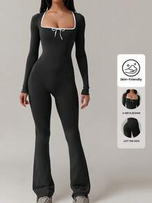 Yefecy Jumpsuit For Women,Elegant Square Neck Wide Leg Long Sleeve Bodysuit In Breathable Fabric - màu đen - Xem 1