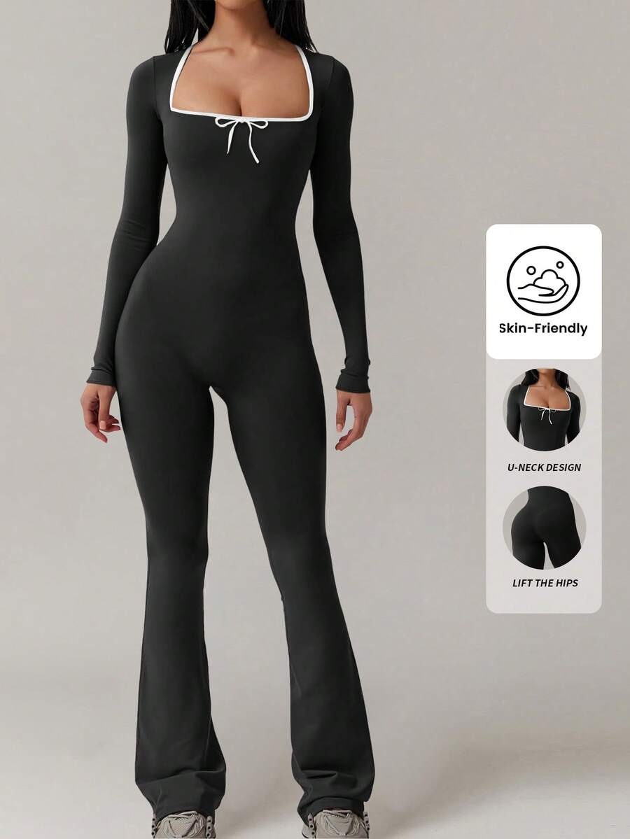 Yefecy Jumpsuit For Women,Elegant Square Neck Wide Leg Long Sleeve Bodysuit In Breathable Fabric - màu đen - Xem 1