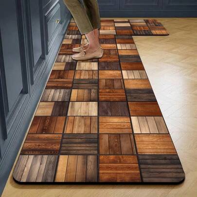 1pc Silica Gel Kitchen Floor Mat, Wood Grain Mosaic Pattern Design, Simulating The Effect Of Old Wooden Board Splicing, Presenting A Retro And Natural Visual Style