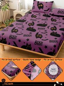 1 pieza Sábana ajustable con estampado de calabaza y gatito, suave y transpirable, diseño de bolsillo profundo, protector de colchón transpirable y anti-pelusas, a prueba de polvo y antideslizante para todas las estaciones, se ajusta a colchones de tamaño individual/doble/queen/king, lavable a máquina