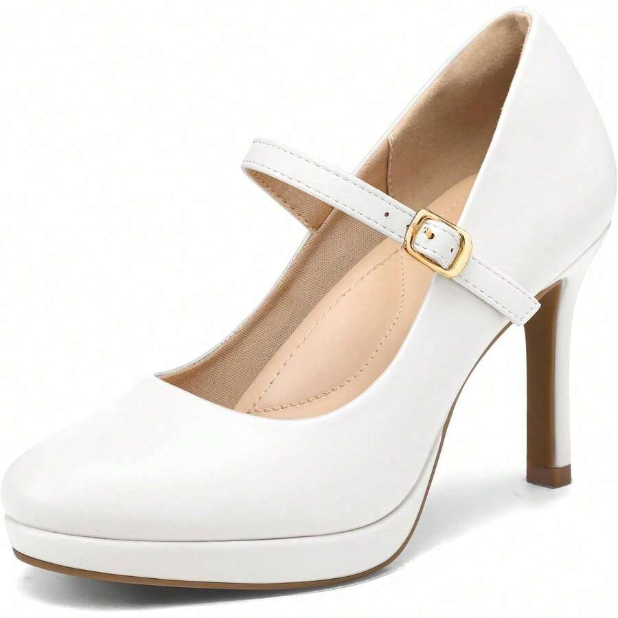 GLAMSTRIDE Women's Pumps Closed Toe Mary Jane Pumps Round Toe Platform High Heel Dress Shoes,Shoe For Women-School, Work & Party Looks - 白色 - 查看 1