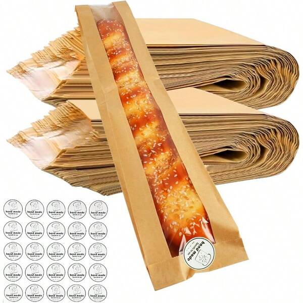50 Pack Kraft Paper Bread Bags With Clear Window And Seal Sticker, 23.5"X3.6"X1.8", Brown, Disposable, Roll-Up Closure, Paper Construction