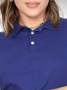 Polo Neck Blouse With Short Sleeves And Functional Buttons Comfortable Women's Fashion - Blue - View 3