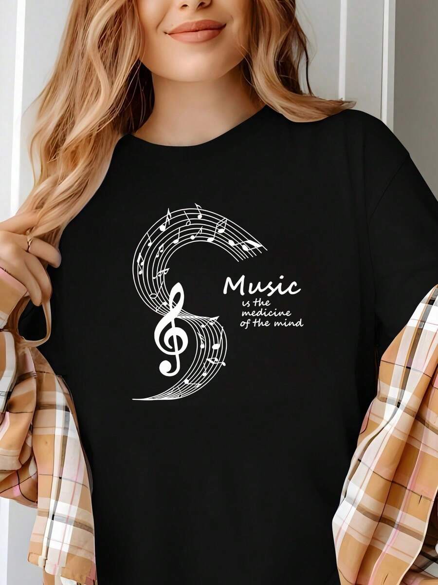 Music The Universal Language Valentines Day T-Shirt For Women, Women's 220g Round Neck Casual Heavy Pure Cotton T-Shirt (1 PC) - 黑色 - 查看 1