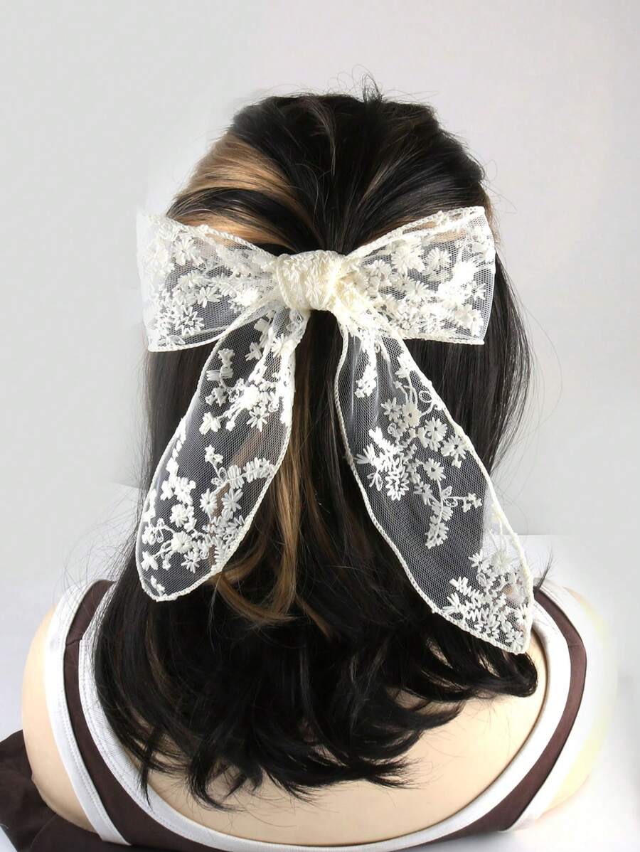 1pc Beige Lace Bow Hair Clip, Suitable For Daily Use Claw Clips Hair Claws Hair Barrettes, School Stuff, Elegant, College, Winter Outfit For Women, Bows, Cute, Classy, Head Accessories, Hair Accessories For Women - White - View 1