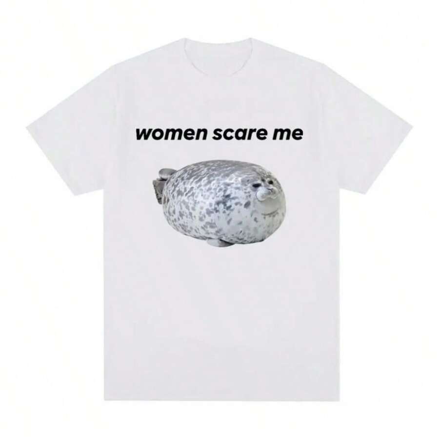 COOL Womens Scare MeFun Seal Meme Pattern Printed Tshirt Style Womens Casual High Quality Tshirt Style Humorous Oversized T-Shirt Top - trắng - Xem 1
