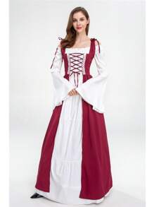 文艺复兴时期中世纪女式吊带露肩喇叭袖连衣裙，适合角色扮演活动和主题派对，面料略有弹性。