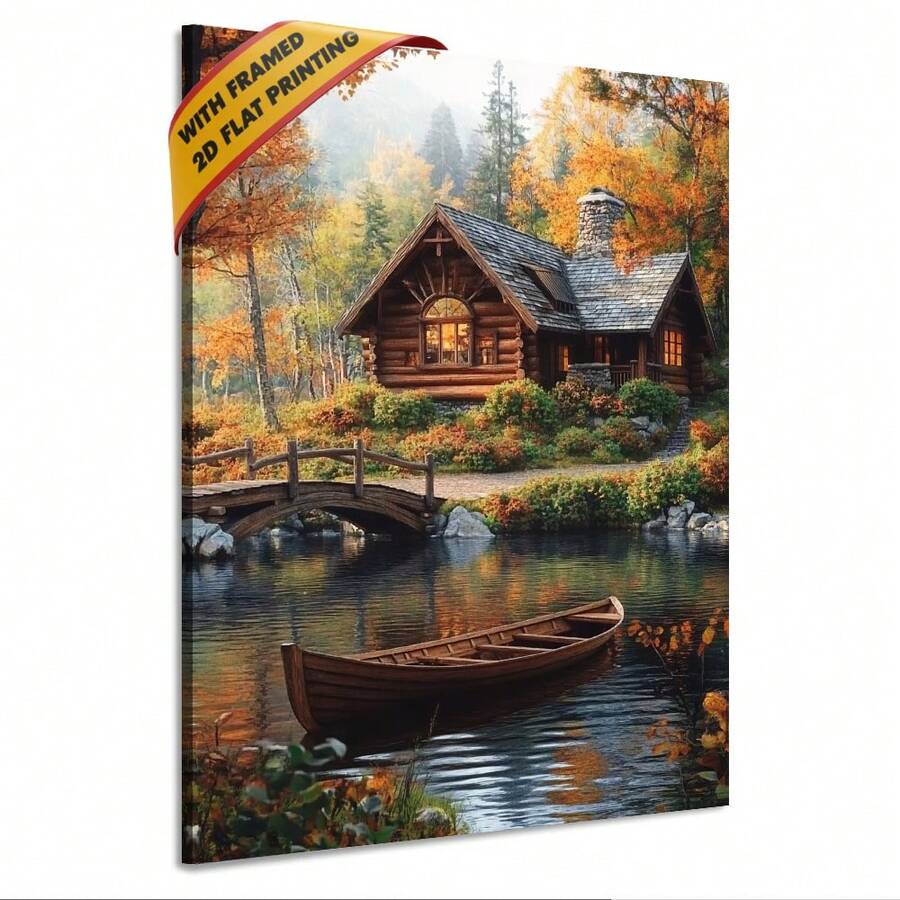 1pc 30*40cm(12x16inch) Framed Wall Art Poster Art Canvas Wall Art Wooden House Landscape Perfect For Home Decor Gifts & Keepsakes Ready To Hang.Stretched And Framed Ready To Hang.