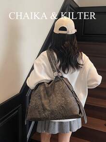 CHAIKA & KILTER 1pc Solid Color PU Fabric Shoulder Bag, Women's Vintage Casual Large Capacity Tote Bag, College Student Book Bag, Stitching Rivet Decor Dual Handle Design, Zipper Closure, Suitable For Daily Shopping, New Arrival Tote Bags For Woman , Office Bag