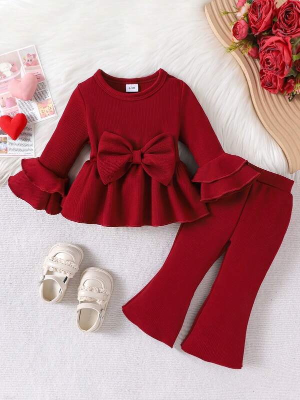 2pcs Baby Girls Elegant & Cute Long Sleeve Top + Pants Set, Lightweight For Spring/Autumn