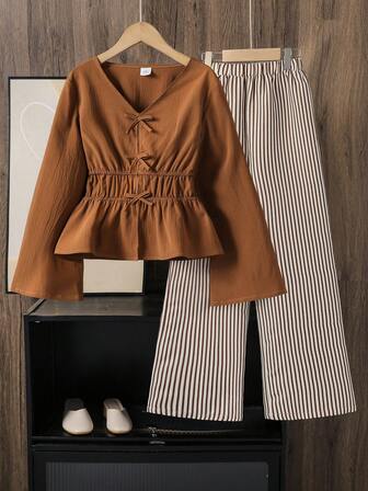 Left Mama Girls' Casual Bow V-Neck Long Sleeve Top And Striped Straight Pants Set, Spring/Autumn