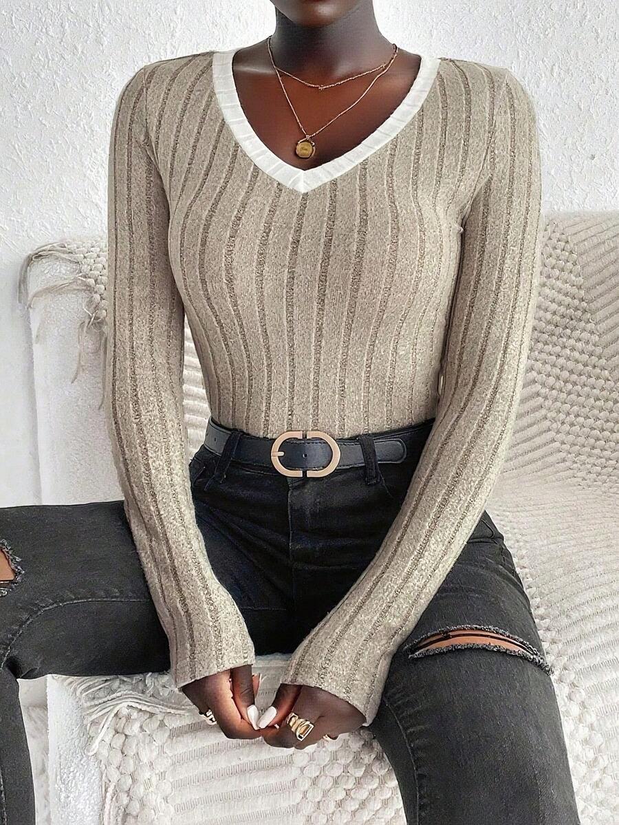 Damen Lässig Elegant gerippter Slim Fit V-Ausschnitt Strickpullover, langärmelige vielseitige figurformende Top, Winter warme Basisschicht, Damen Herbst/Winter Bekleidung