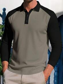 Men's Turn Down Collar T Shirts Fashionable Contrast Color Long Sleeve Tops For Business Daily
